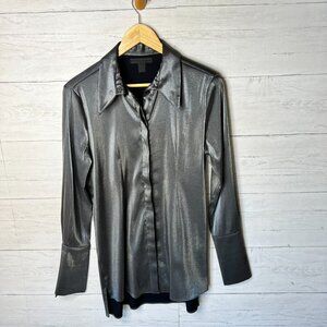 Pamela Dennis Top Womens Size Small Silver Long Sleeve Skull Button on Sleeves